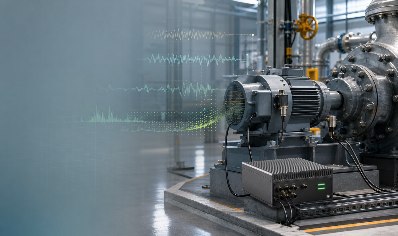 Industrial fault diagnosis banner showing local edge compute and machinery sensor signals